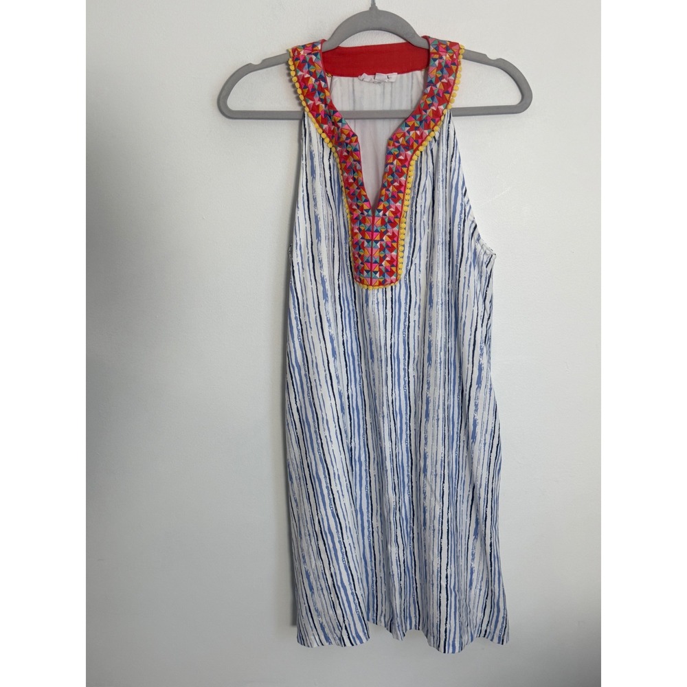 THML Blue White Striped Embroidered Pom Pom Trim Shift Dress Size Large Womens
